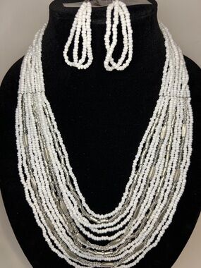 White & Silver Multi-Strand Seed Bead Necklace and Earrings Set Vintage Jewelry